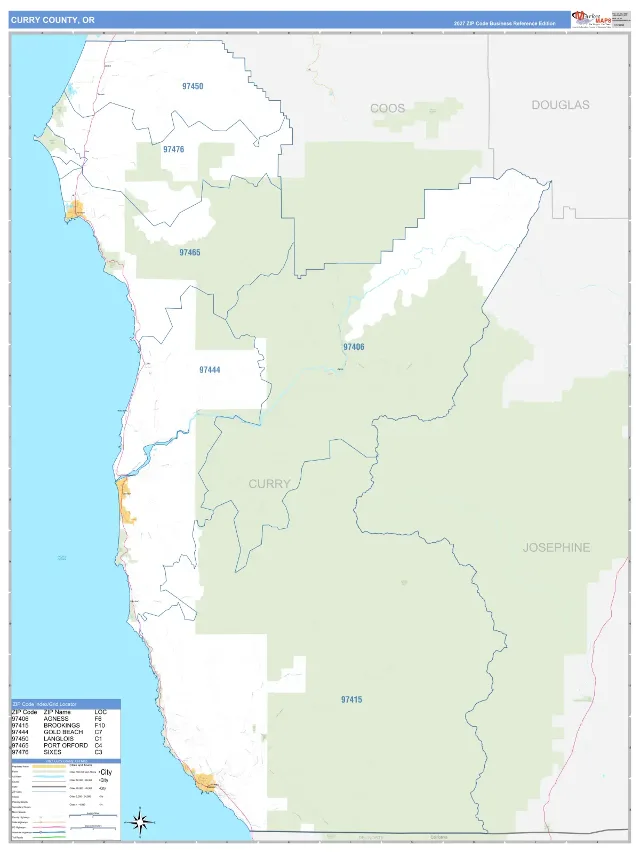 Curry County, OR ZIP Code Wall Map, Business Reference style