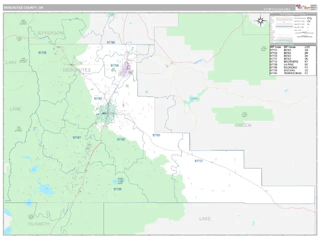 Deschutes County, OR ZIP Code Wall Map, Classic style