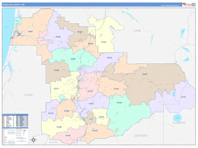 Douglas County, OR ZIP Code Wall Map, ColorCast style