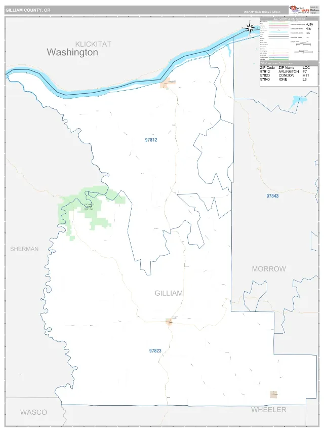 Gilliam County, OR ZIP Code Wall Map, Classic style