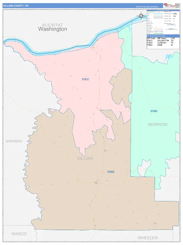 Gilliam County, OR ZIP Code Wall Map, ColorCast style