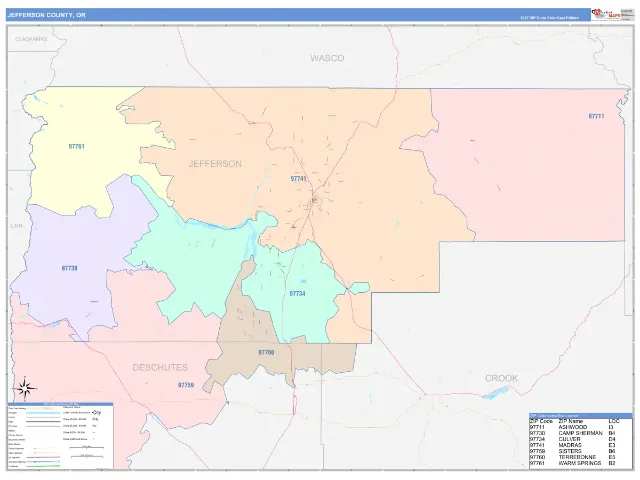 Jefferson County, OR ZIP Code Wall Map, ColorCast style