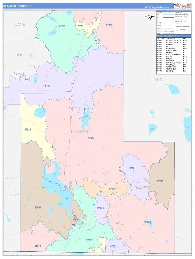 Klamath County, OR ZIP Code Wall Map, ColorCast style