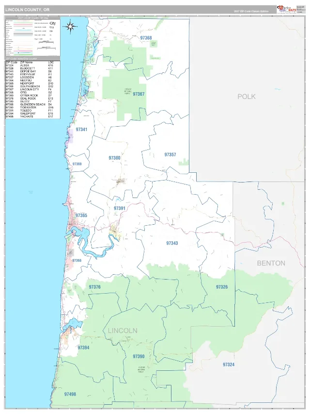 Lincoln County, OR ZIP Code Wall Map, Classic style