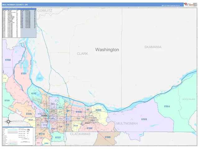 Multnomah County, OR ZIP Code Wall Map, ColorCast style