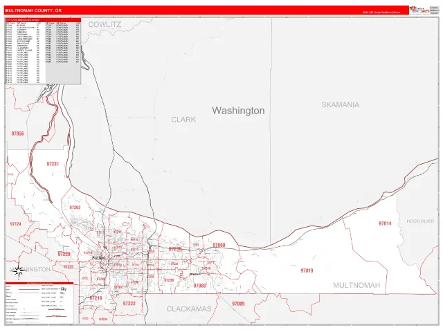 Multnomah County, OR ZIP Code Wall Map, RedLine style