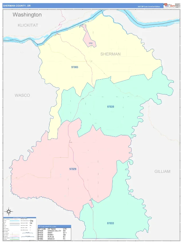 Sherman County, OR ZIP Code Wall Map, ColorCast style