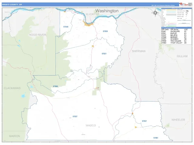 Wasco County, OR ZIP Code Wall Map, Business Reference style