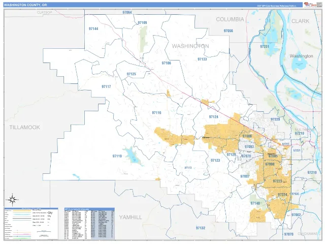Washington County, OR ZIP Code Wall Map, Business Reference style