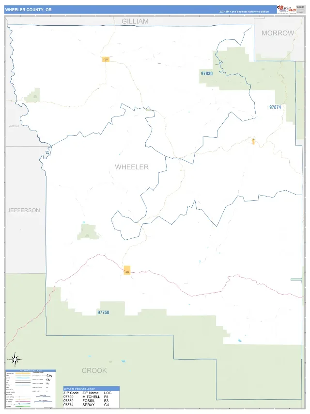 Wheeler County, OR ZIP Code Wall Map, Business Reference style