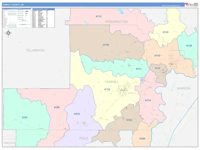Yamhill County, OR ZIP Code Wall Map, ColorCast style