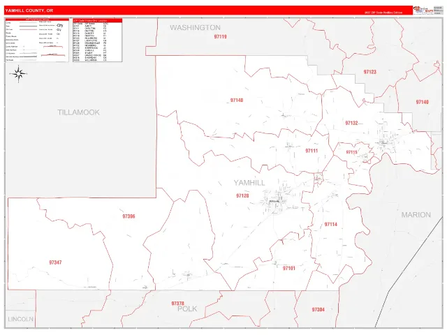 Yamhill County, OR ZIP Code Wall Map, RedLine style