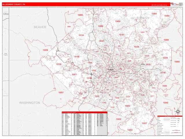 Allegheny County, PA ZIP Code Wall Map, RedLine style