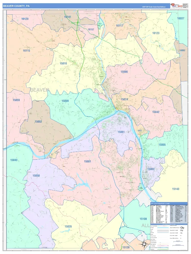 Beaver County, PA ZIP Code Wall Map, ColorCast style