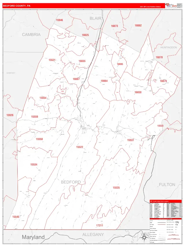 Bedford County, PA ZIP Code Wall Map, RedLine style