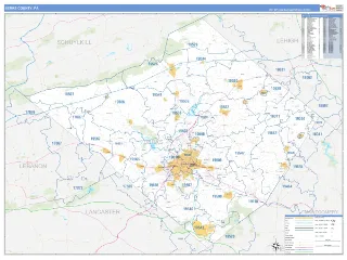 Berks County, PA Business Reference style ZIP Code wall map