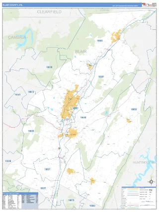 Blair County, PA Business Reference style ZIP Code wall map