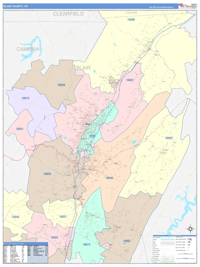 Blair County, PA ZIP Code Wall Map, ColorCast style