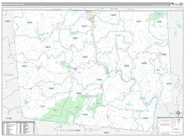 Bradford County, PA ZIP Code Wall Map, Classic style