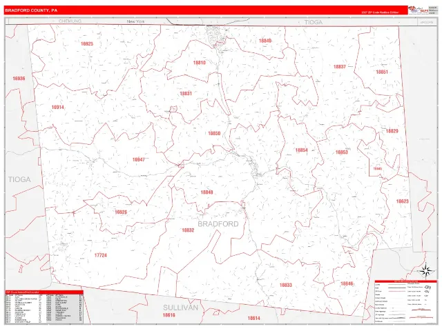 Bradford County, PA ZIP Code Wall Map, RedLine style