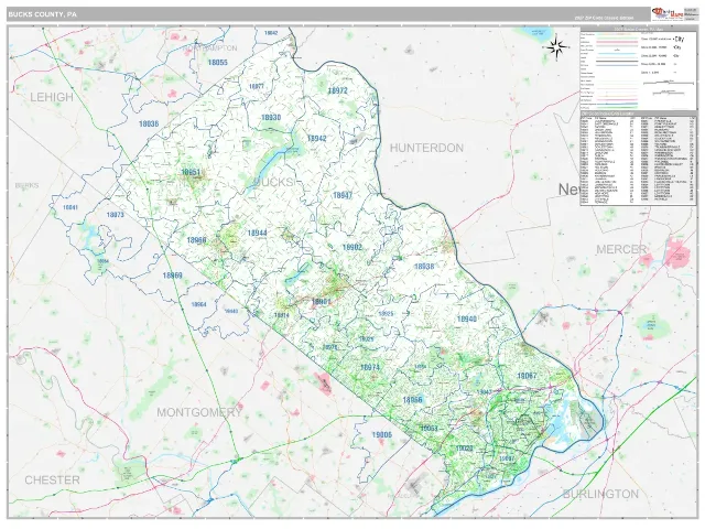 Bucks County, PA ZIP Code Wall Map, Classic style