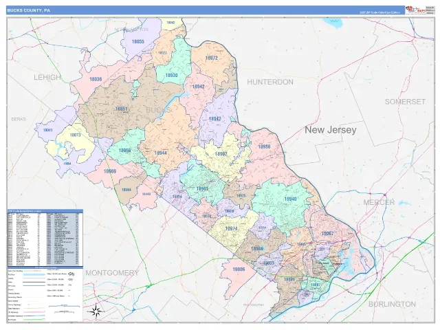 Bucks County, PA ZIP Code Wall Map, ColorCast style