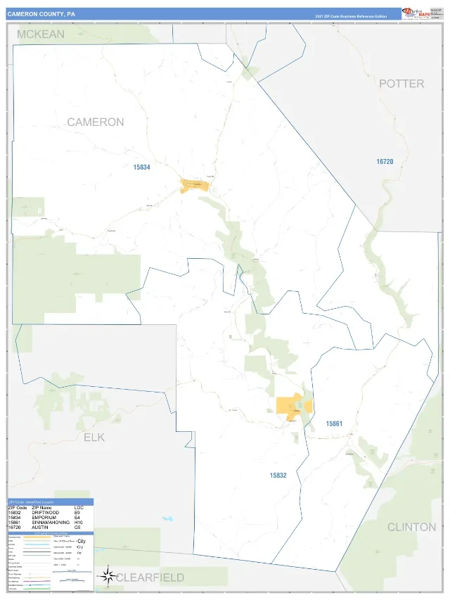 Cameron County, PA ZIP Code Wall Map, Business Reference style