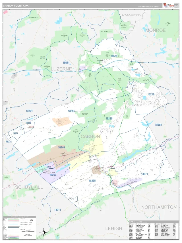Carbon County, PA ZIP Code Wall Map, Classic style