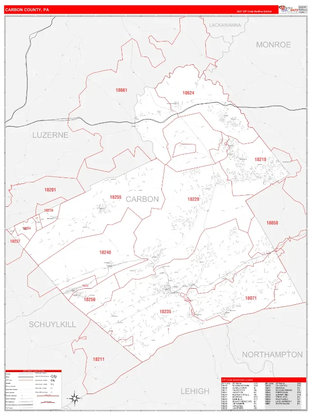 Carbon County, PA ZIP Code Wall Map, RedLine style