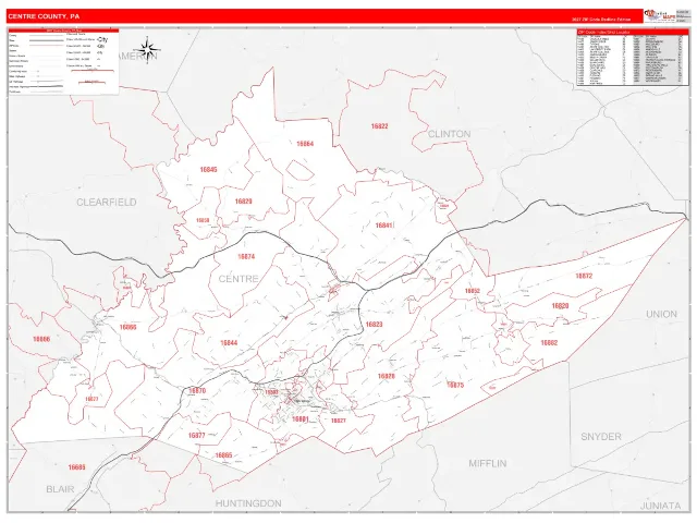 Centre County, PA ZIP Code Wall Map, RedLine style