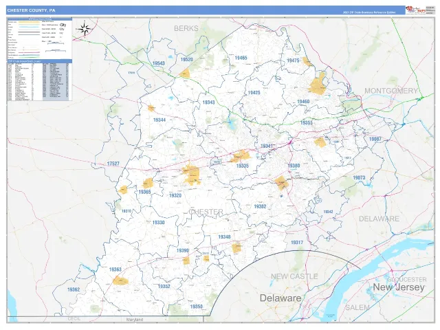 Chester County, PA ZIP Code Wall Map, Business Reference style