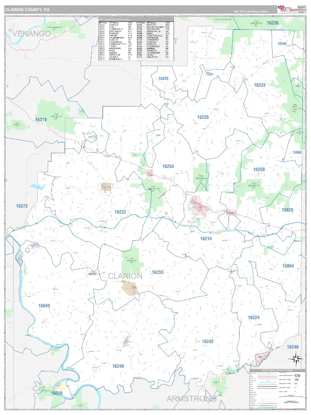 Clarion County, PA ZIP Code Wall Map, Classic style