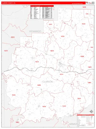 Clarion County, PA RedLine style ZIP Code wall map