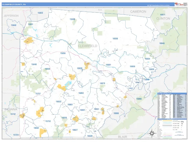 Clearfield County, PA ZIP Code Wall Map, Business Reference style