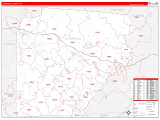 Clearfield County, PA RedLine style ZIP Code wall map