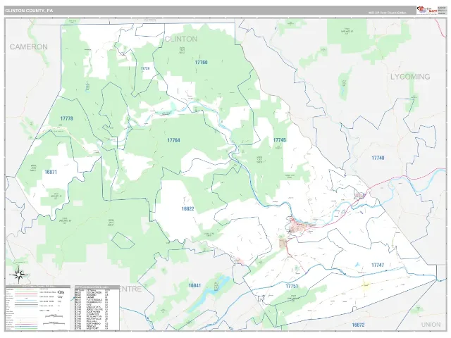Clinton County, PA ZIP Code Wall Map, Classic style