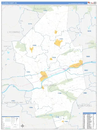 Columbia County, PA Business Reference style ZIP Code wall map