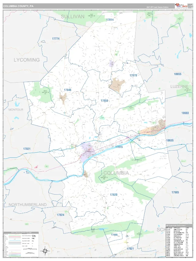 Columbia County, PA ZIP Code Wall Map, Classic style