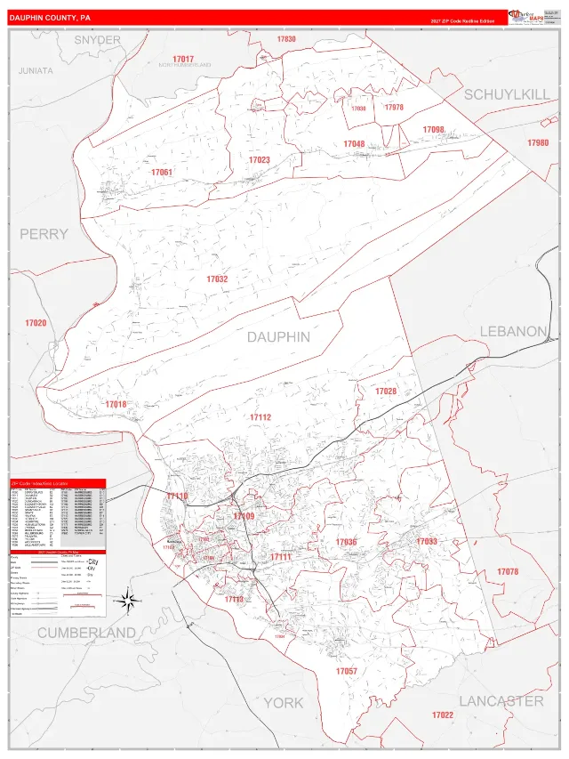 Dauphin County, PA ZIP Code Wall Map, RedLine style