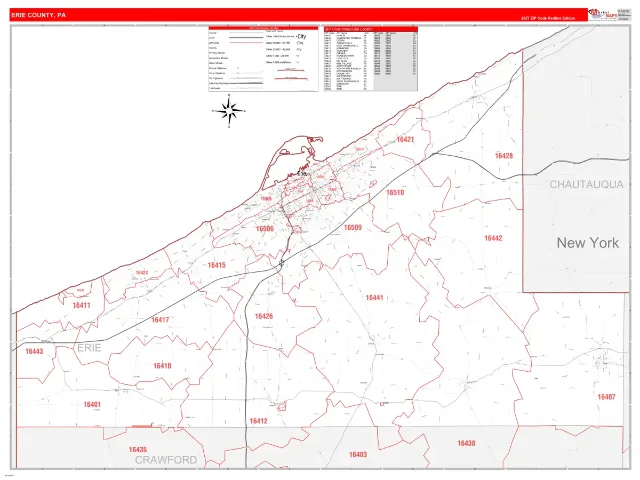 Erie County, PA ZIP Code Wall Map, RedLine style