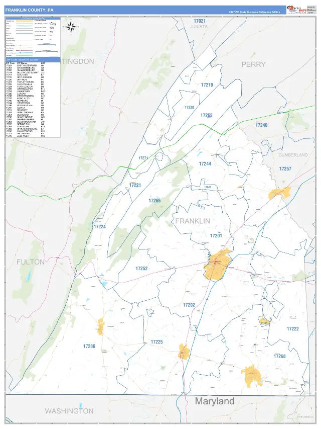 Franklin County, PA ZIP Code Wall Map, Business Reference style