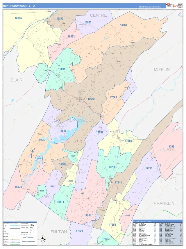 Huntingdon County, PA ZIP Code Wall Map, ColorCast style