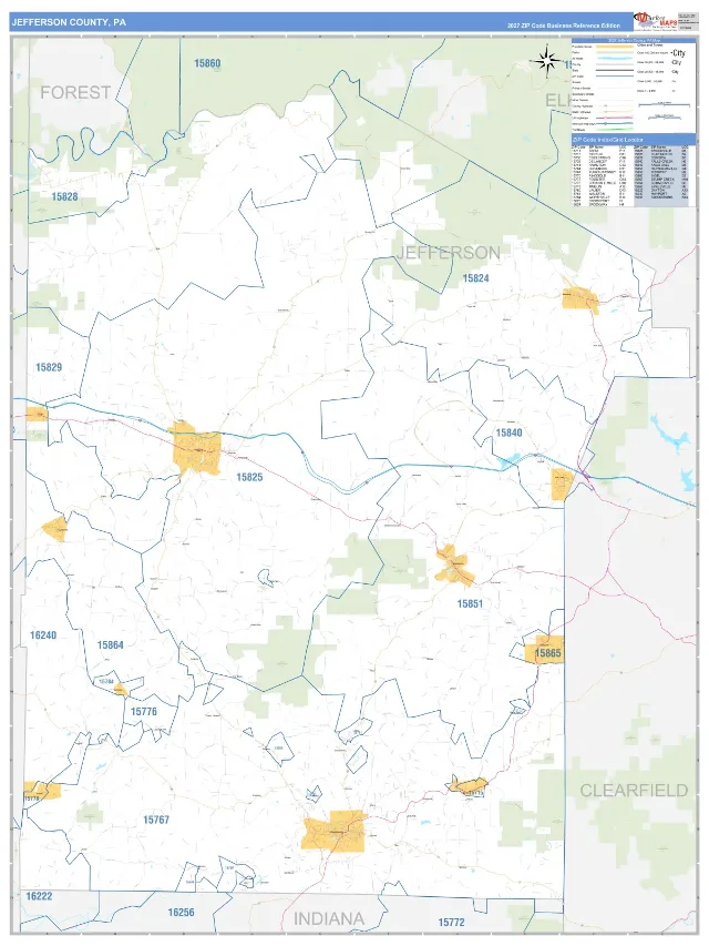 Jefferson County, PA ZIP Code Wall Map, Business Reference style
