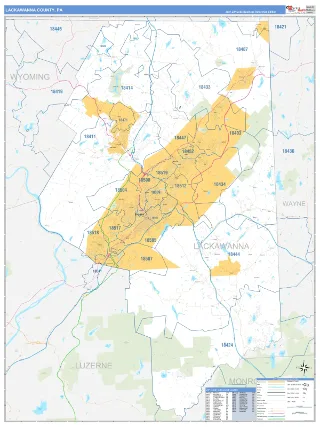 Lackawanna County, PA Business Reference style ZIP Code wall map