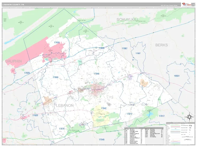 Lebanon County, PA ZIP Code Wall Map, Classic style