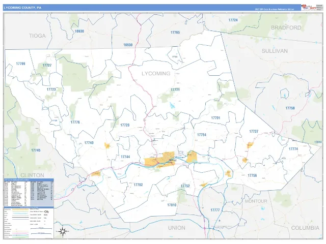 Lycoming County, PA ZIP Code Wall Map, Business Reference style