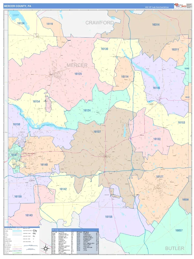 Mercer County, PA ZIP Code Wall Map, ColorCast style