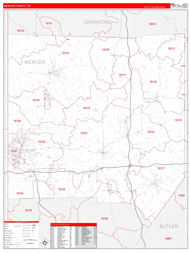 Mercer County, PA ZIP Code Wall Map, RedLine style