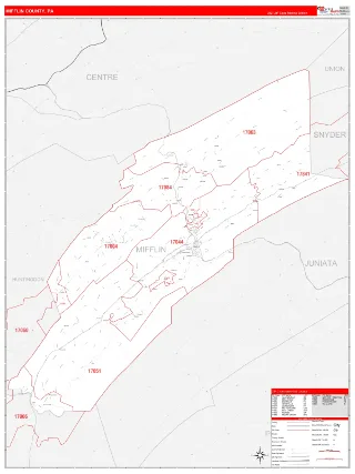 Mifflin County, PA RedLine style ZIP Code wall map