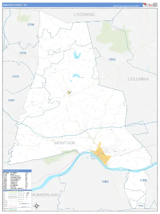 Montour County, PA Business Reference style ZIP Code wall map